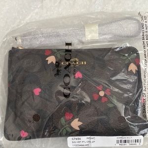 NEW Coach Brown Corner Zip Wristlet Heart Petal Monogram Signature Canvas Clutch